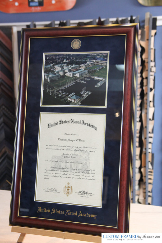 One more Diploma Custom Framed. This one has double mats with multiple openings for the diploma and for a photo of the campus.