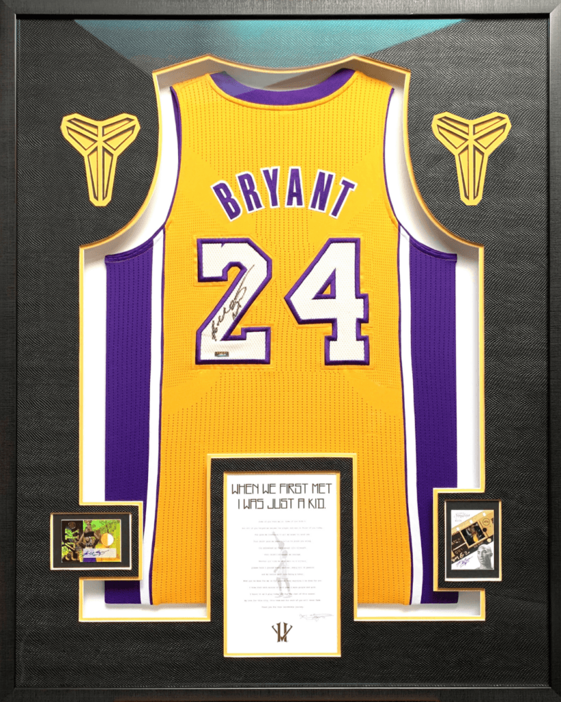 Kobe Bryant with Letter, cards, mamba logo and black mamba skin after custom framed by Jacquez art