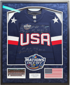 Custom framed USA Hockey jersey display with patch and photos by Jacquez Art
