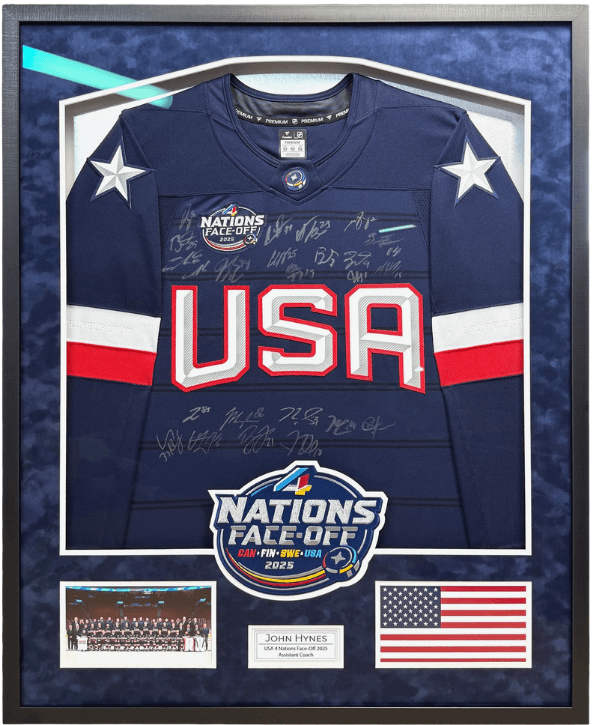 Custom framed USA Hockey jersey display with patch and photos by Jacquez Art
