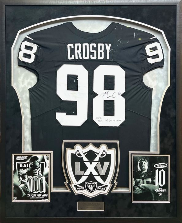 Maxx Crosby Raiders game-worn jersey framed by Jacquez Art