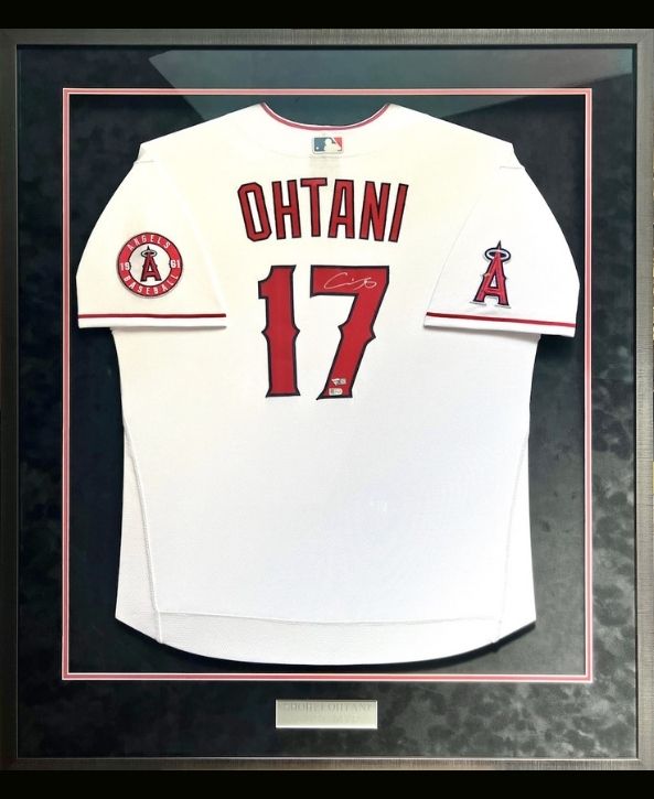 Ohtani signed with nameplate framed by Jacquez art