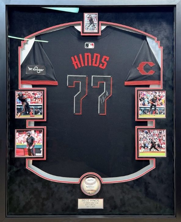 Rece Hinds Reds Grandslam jersey and ball Framed by Jacquez art